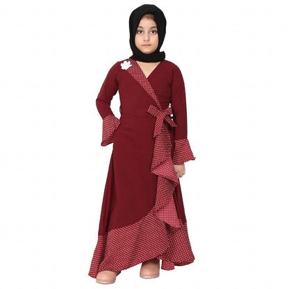 Designer abaya with Polka dotted frills for kids- Maroon