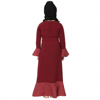 Designer abaya with Polka dotted frills for kids- Maroon