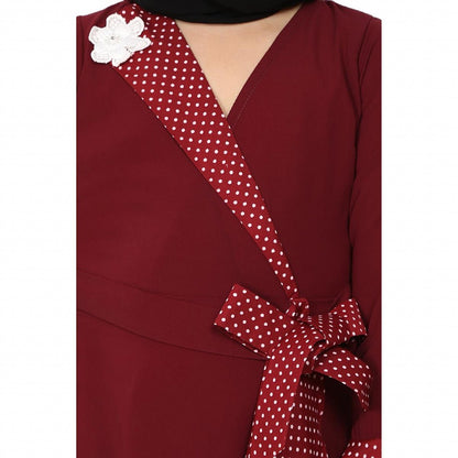 Designer abaya with Polka dotted frills for kids- Maroon