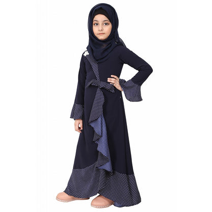 Designer abaya with Polka dotted frills for kids- Navy Blue
