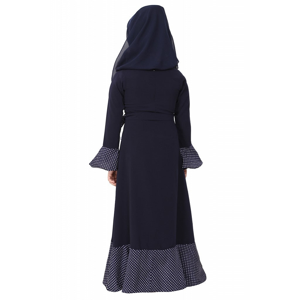 Designer abaya with Polka dotted frills for kids- Navy Blue