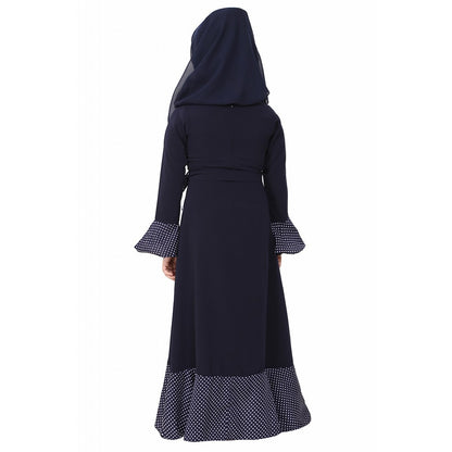 Designer abaya with Polka dotted frills for kids- Navy Blue