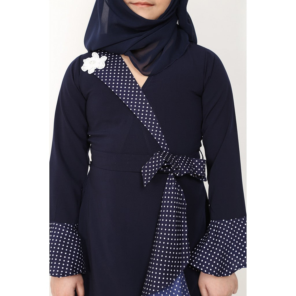 Designer abaya with Polka dotted frills for kids- Navy Blue