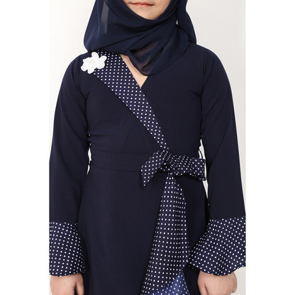 Designer abaya with Polka dotted frills for kids- Navy Blue