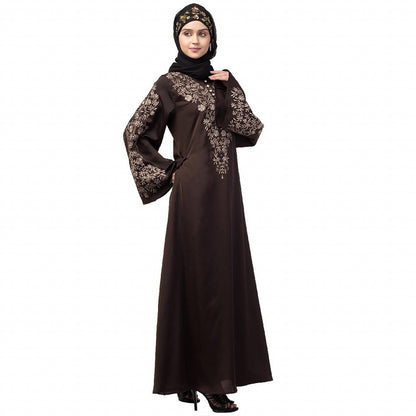 A-line party wear abaya with Resham embroidery work- Coffee Brown