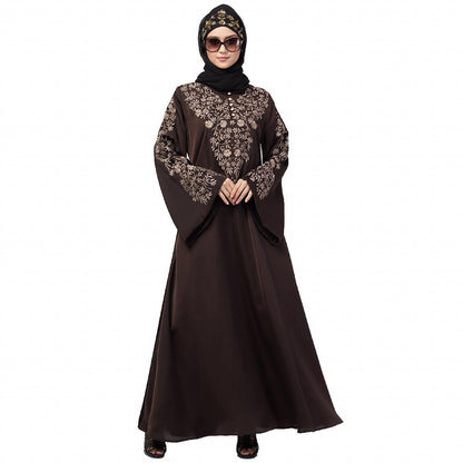 A-line party wear abaya with Resham embroidery work- Coffee Brown