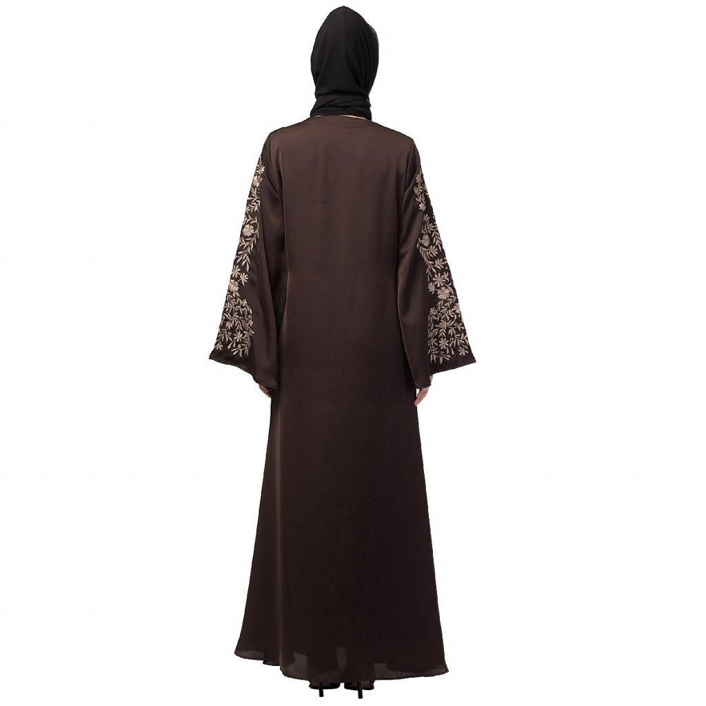 A-line party wear abaya with Resham embroidery work- Coffee Brown