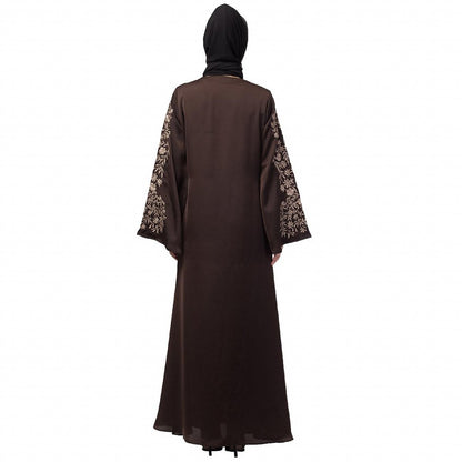 A-line party wear abaya with Resham embroidery work- Coffee Brown