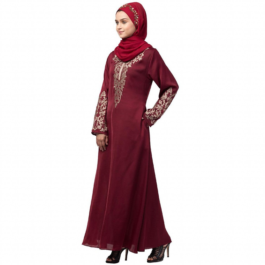 A-line abaya with Resham embroidery work- Maroon
