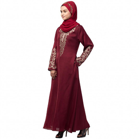 A-line abaya with Resham embroidery work- Maroon