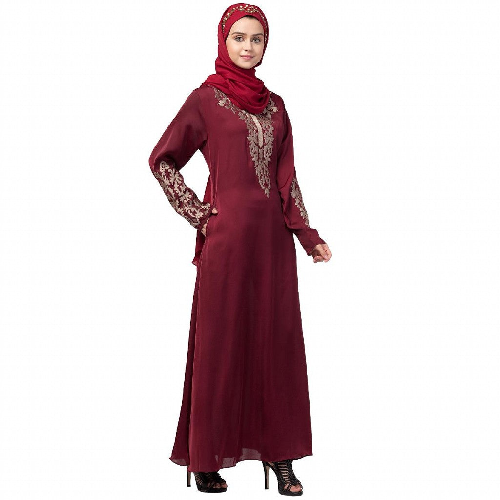 A-line abaya with Resham embroidery work- Maroon