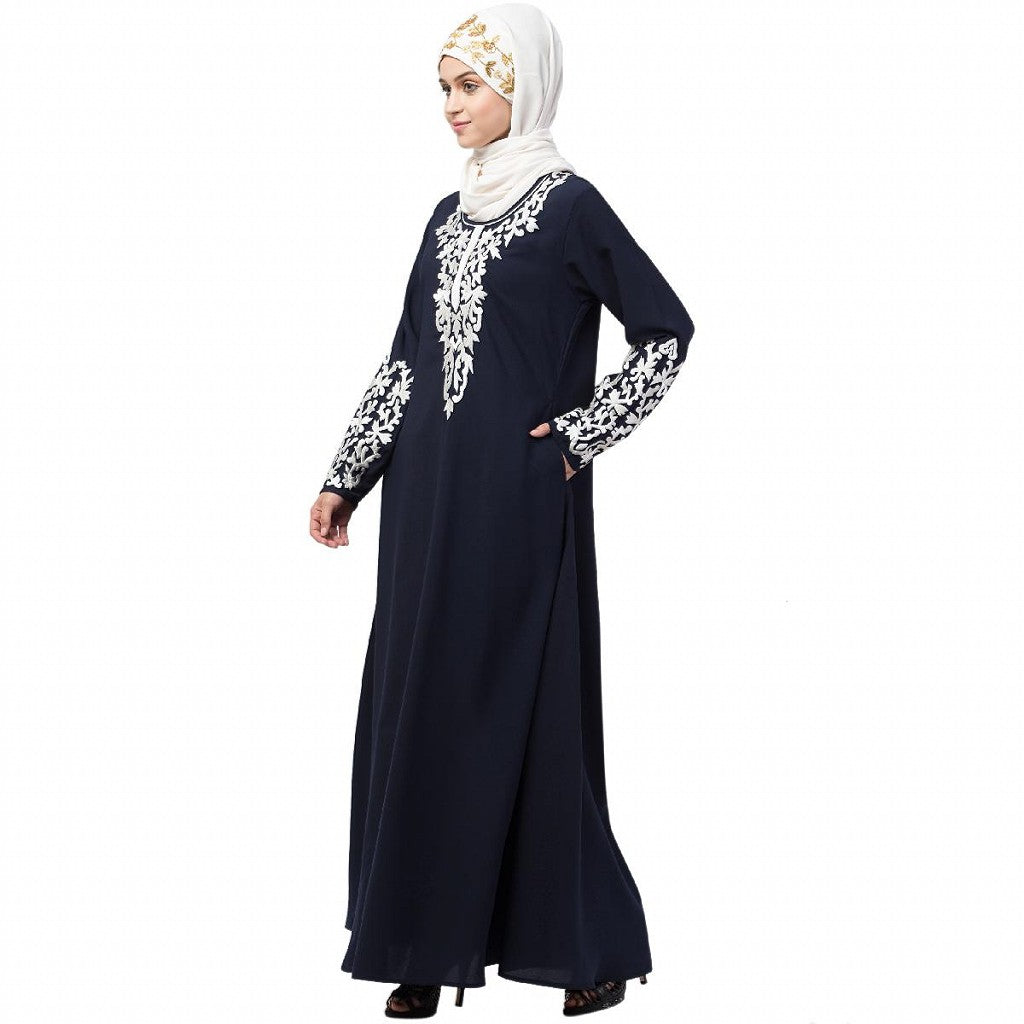 A-line abaya with Resham embroidery work- Navy Blue
