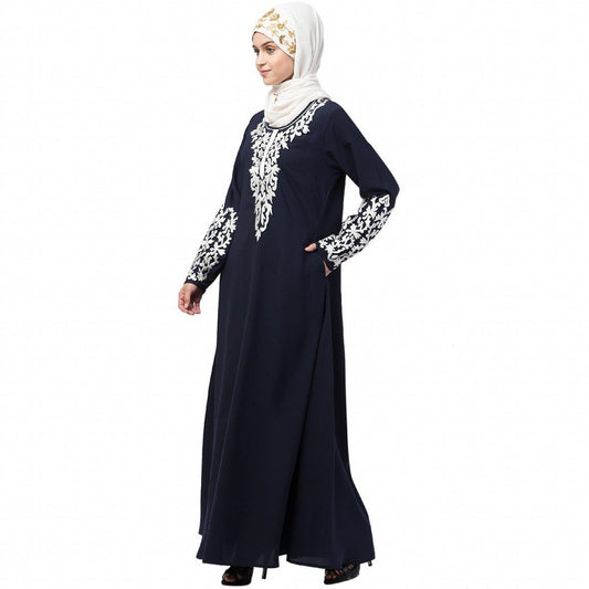 A-line abaya with Resham embroidery work- Navy Blue