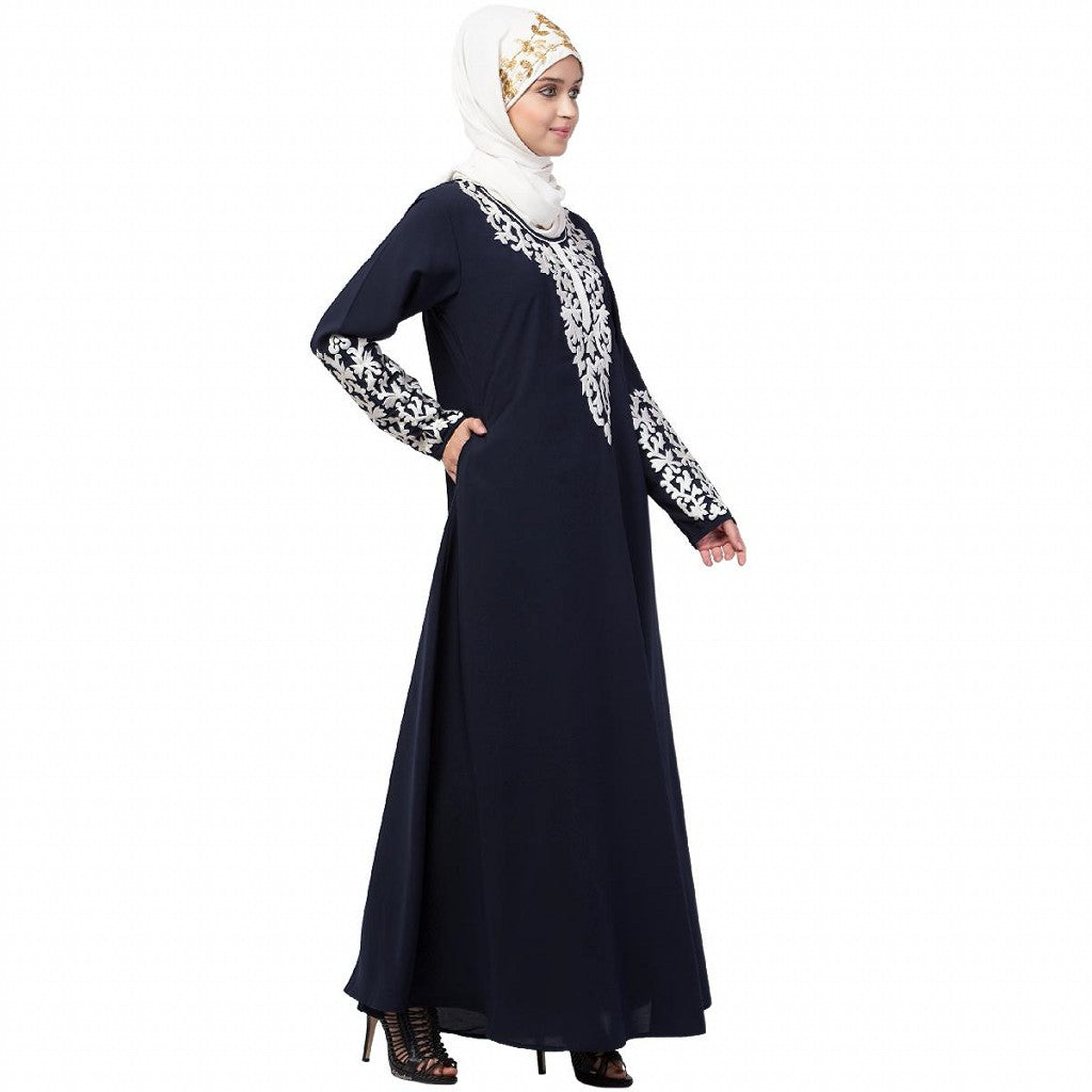 A-line abaya with Resham embroidery work- Navy Blue