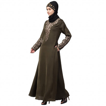 A-line abaya with Resham embroidery work- Olive Green