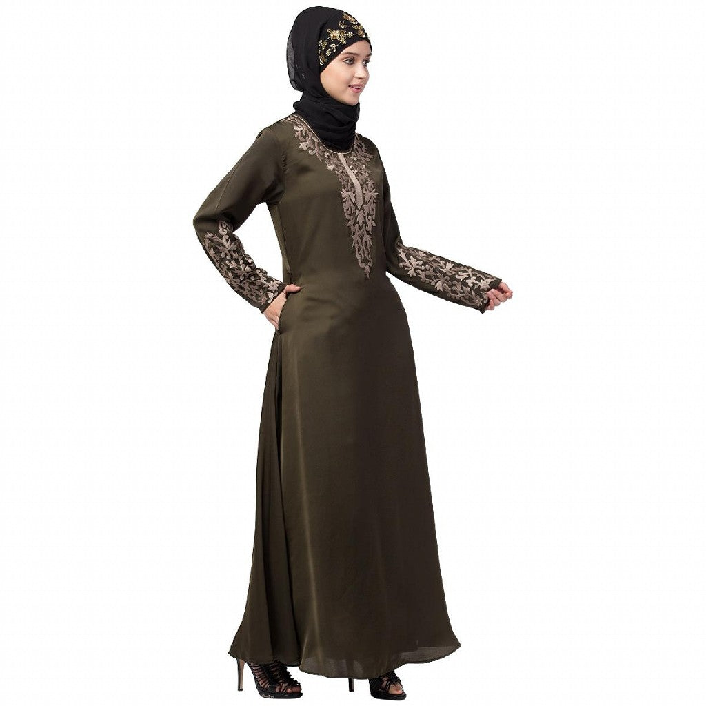 A-line abaya with Resham embroidery work- Olive Green