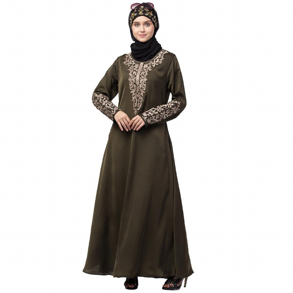 A-line abaya with Resham embroidery work- Olive Green