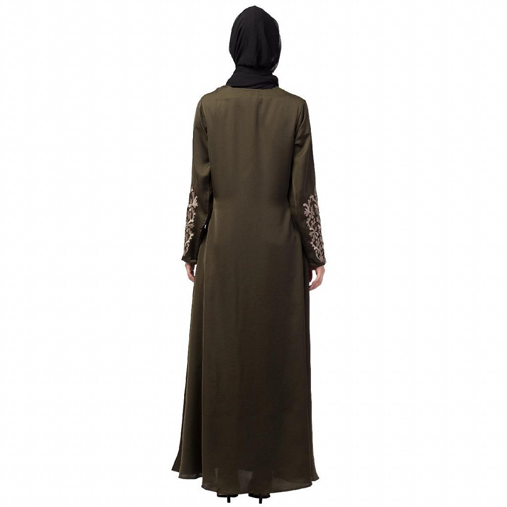 A-line abaya with Resham embroidery work- Olive Green