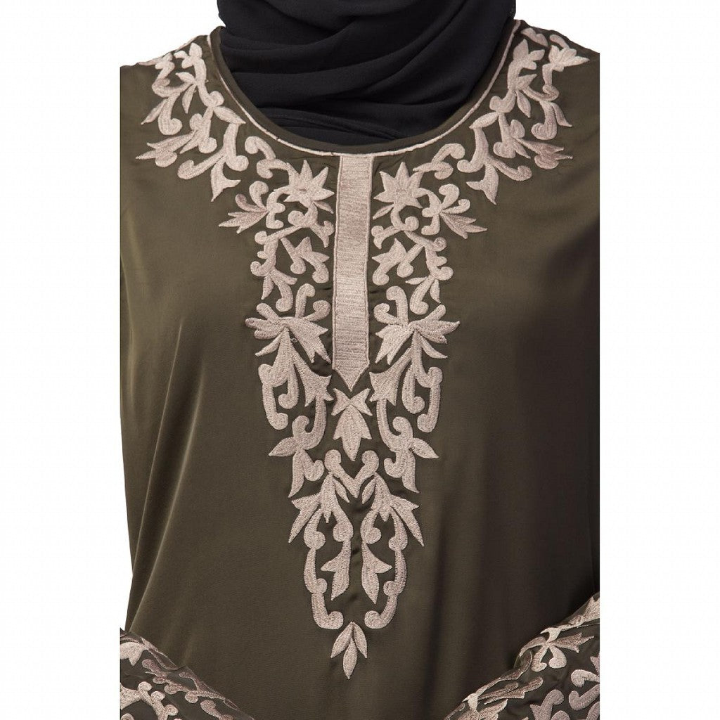 A-line abaya with Resham embroidery work- Olive Green