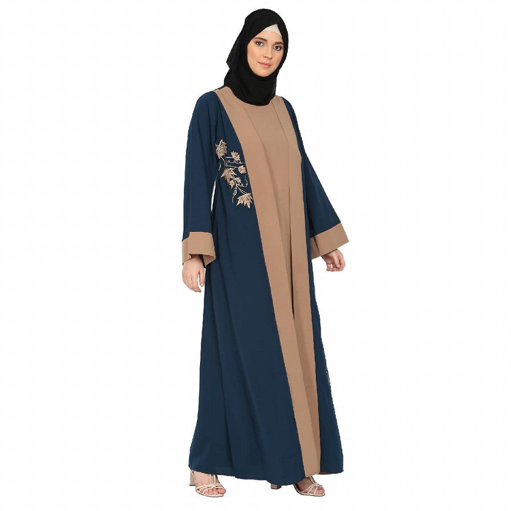 Embroidery work on layered abaya-Teal-Khaki
