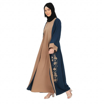 Embroidery work on layered abaya-Teal-Khaki