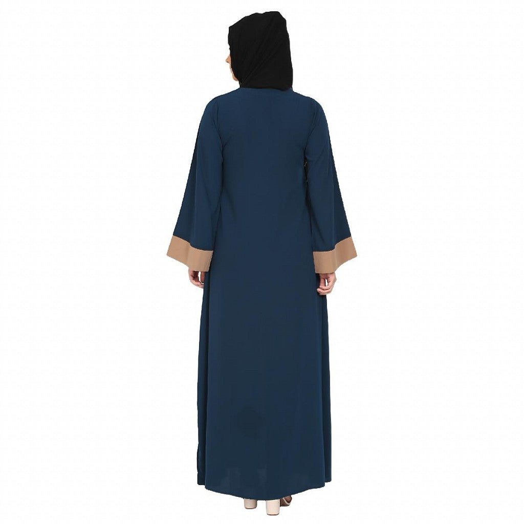 Embroidery work on layered abaya-Teal-Khaki
