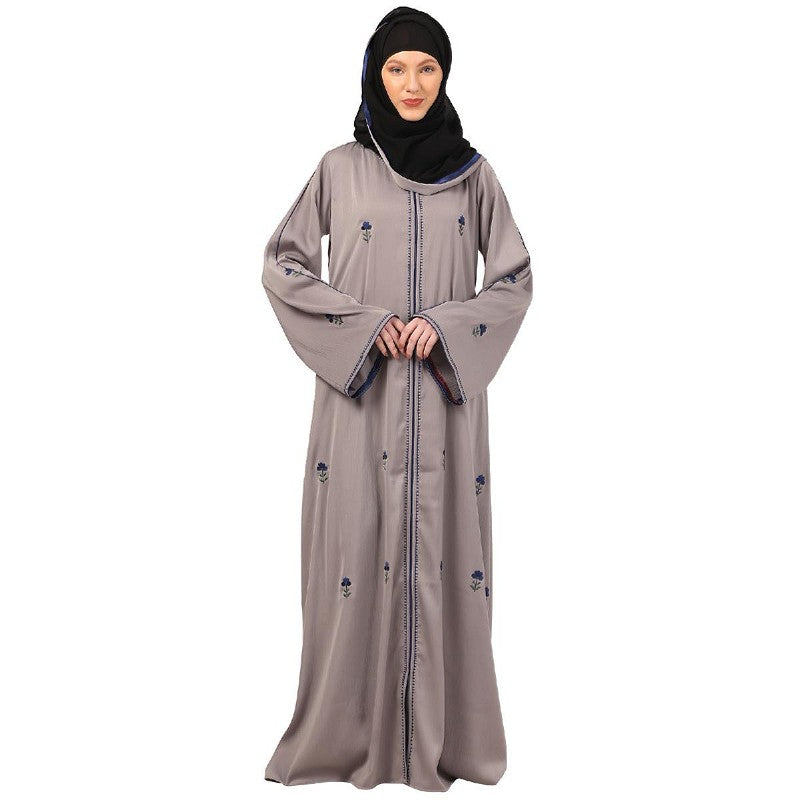 Tik Tok Luxury fabric abaya with embroidery work-Light Grey