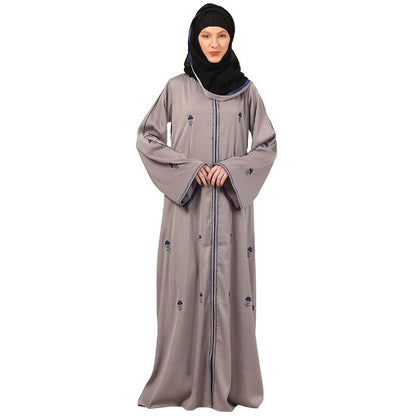 Tik Tok Luxury fabric abaya with embroidery work-Light Grey