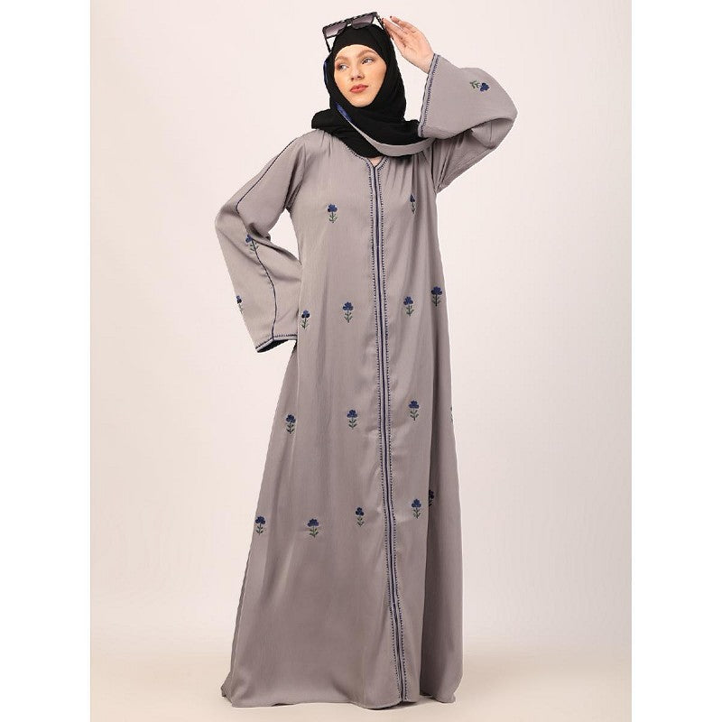 Tik Tok Luxury fabric abaya with embroidery work-Light Grey
