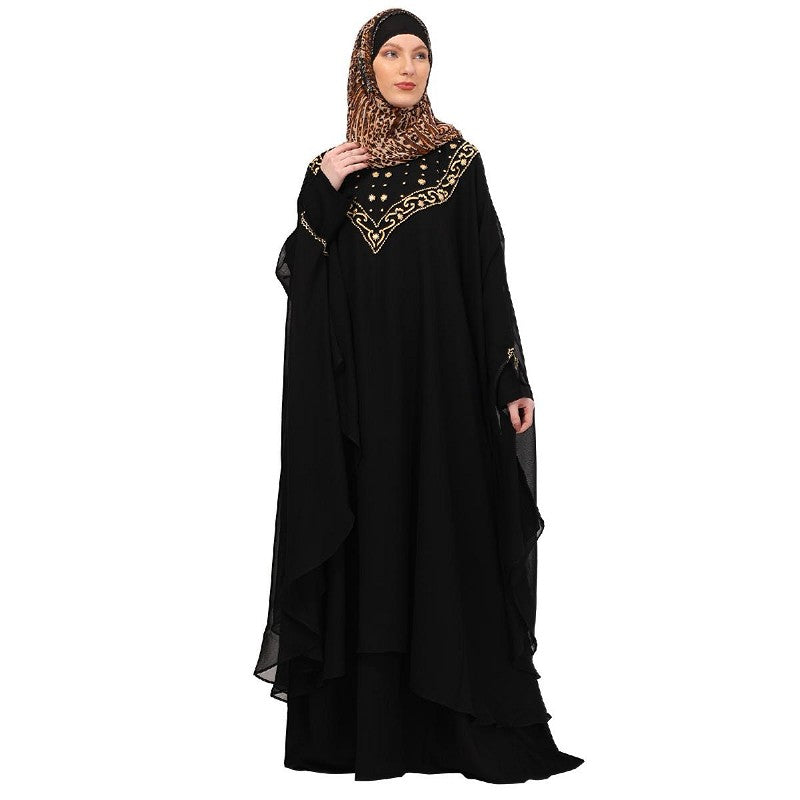 Two layered Kaftan cum abaya with embroidery work-Black
