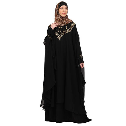 Two layered Kaftan cum abaya with embroidery work-Black