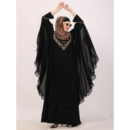 Two layered Kaftan cum abaya with embroidery work-Black