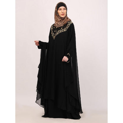 Two layered Kaftan cum abaya with embroidery work-Black
