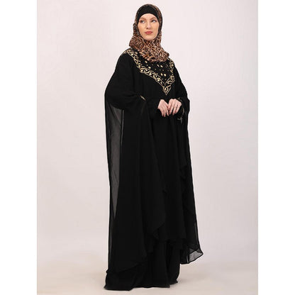 Two layered Kaftan cum abaya with embroidery work-Black