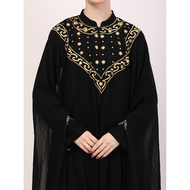 Two layered Kaftan cum abaya with embroidery work-Black