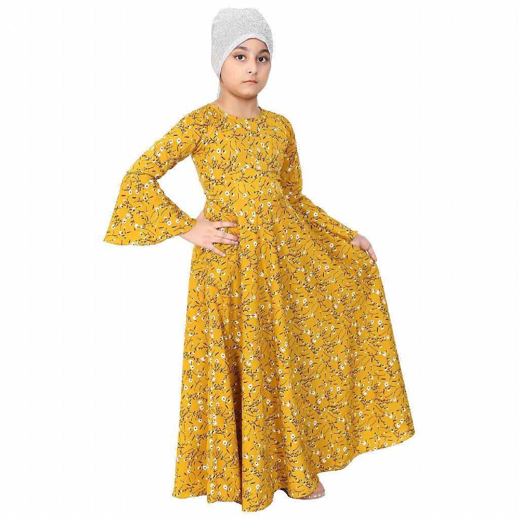 Mustard printed Umbrella Dress abaya for kids