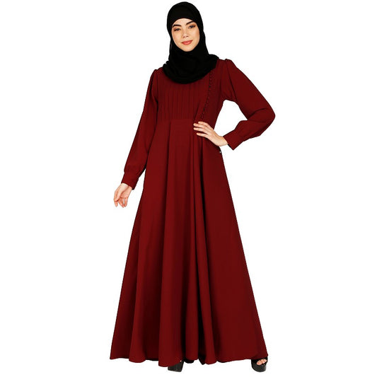 Umbrella abaya with potli buttons neck design- Maroon