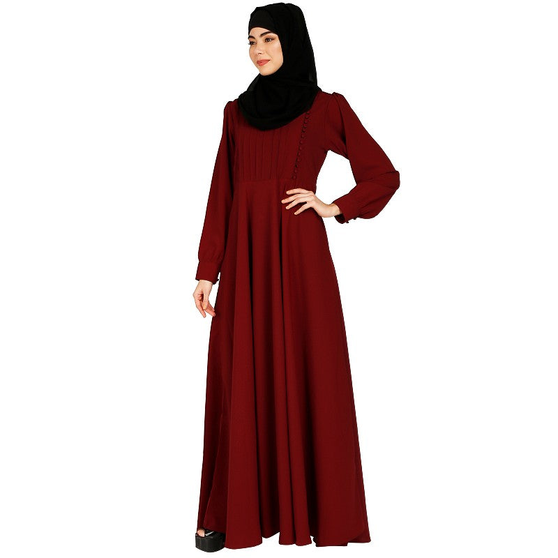 Umbrella abaya with potli buttons neck design- Maroon