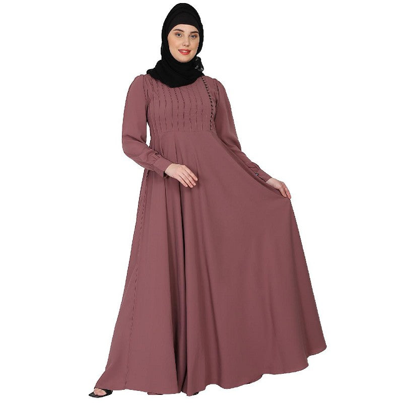 Umbrella abaya with potli buttons neck design- Puce Pink