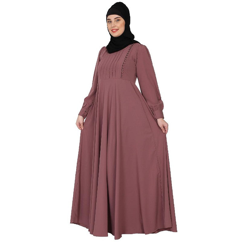 Umbrella abaya with potli buttons neck design- Puce Pink