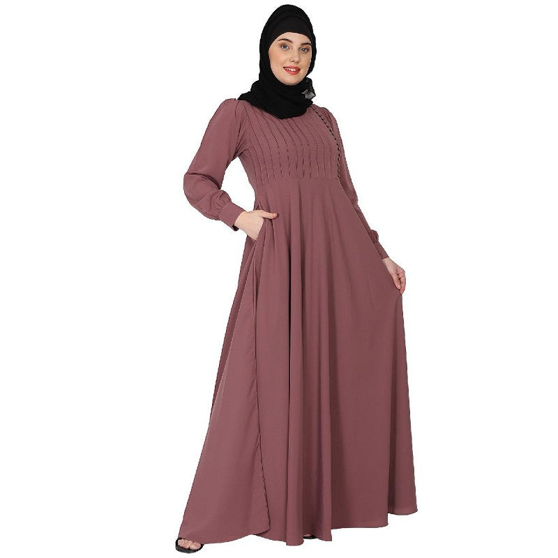 Umbrella abaya with potli buttons neck design- Puce Pink