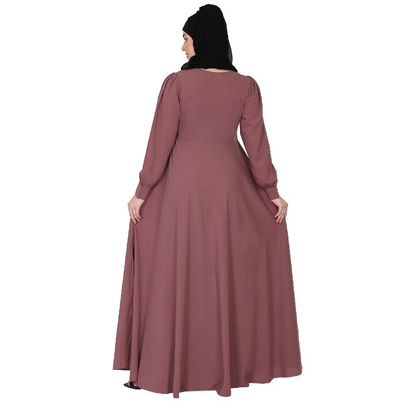 Umbrella abaya with potli buttons neck design- Puce Pink