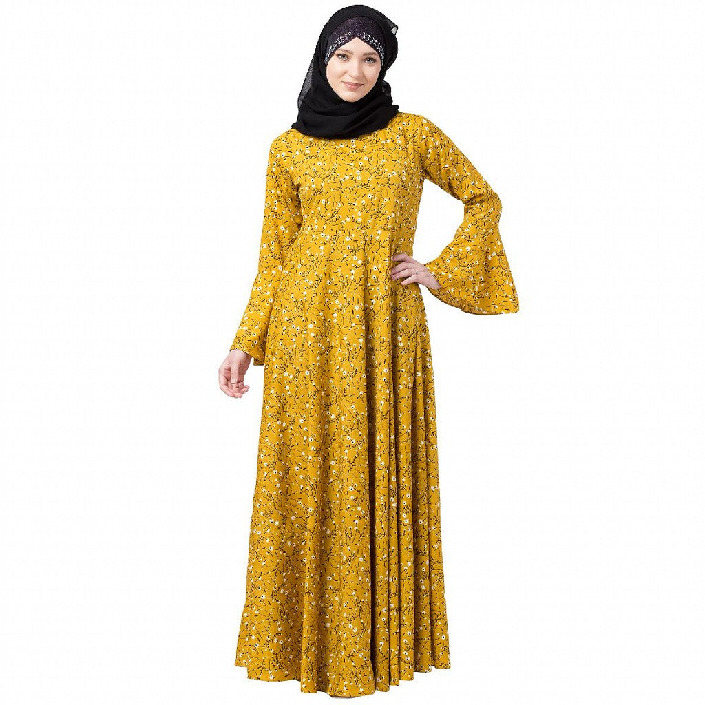 Mustard printed Umbrella dress abaya with bell sleeves