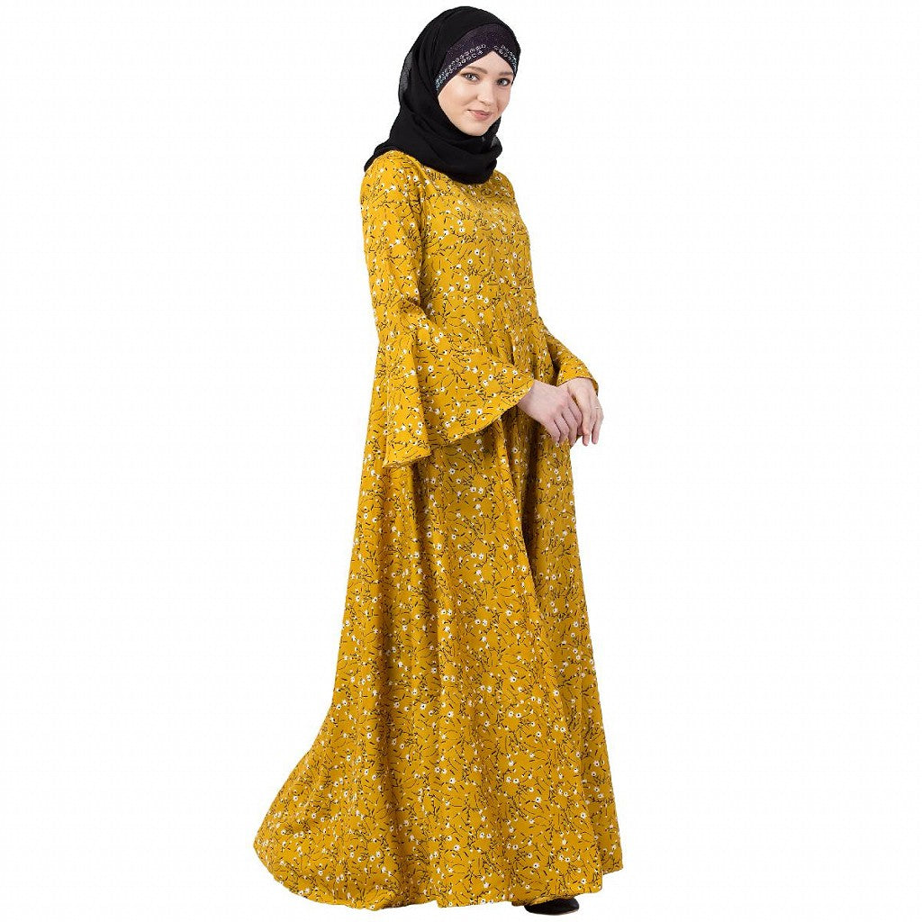 Mustard printed Umbrella dress abaya with bell sleeves