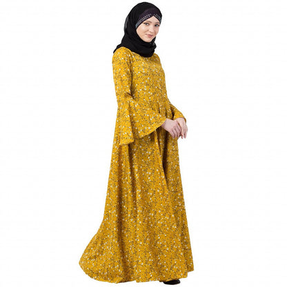 Mustard printed Umbrella dress abaya with bell sleeves