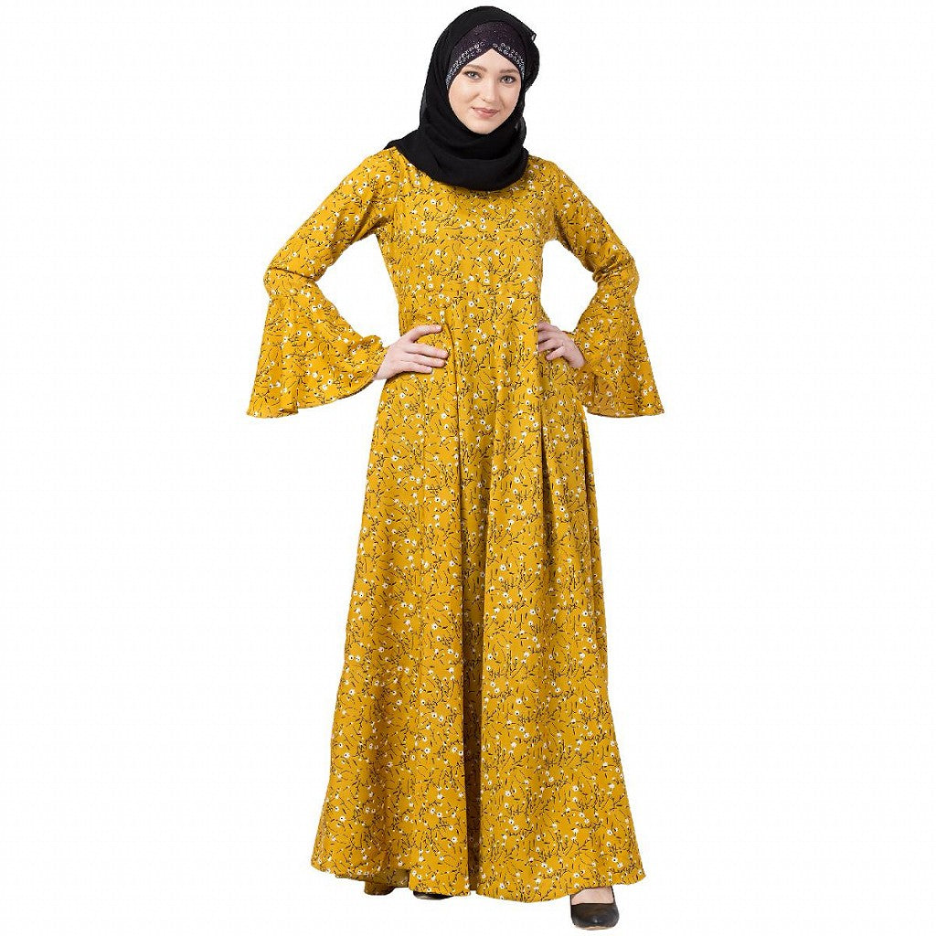 Mustard printed Umbrella dress abaya with bell sleeves