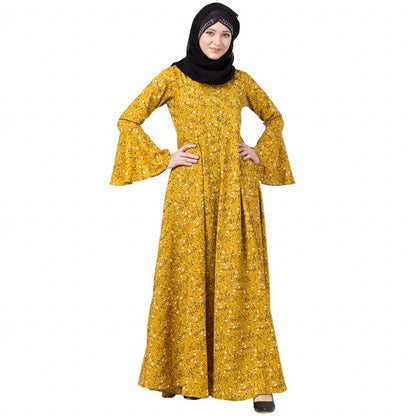 Mustard printed Umbrella dress abaya with bell sleeves