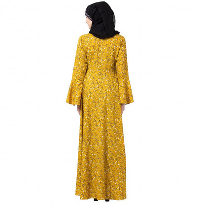 Mustard printed Umbrella dress abaya with bell sleeves