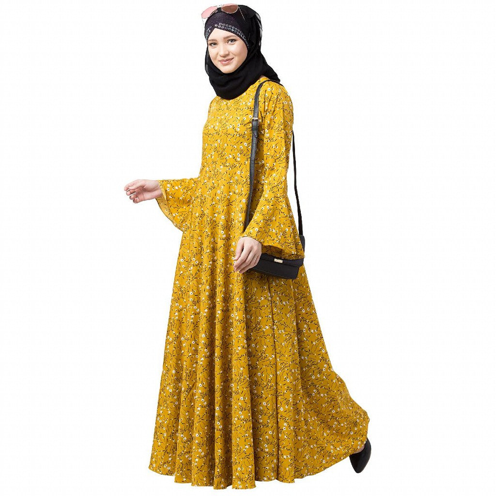 Mustard printed Umbrella dress abaya with bell sleeves