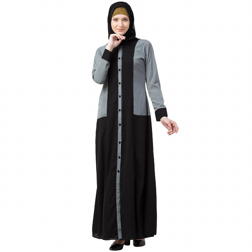 Dual colored front open abaya- Black-Grey